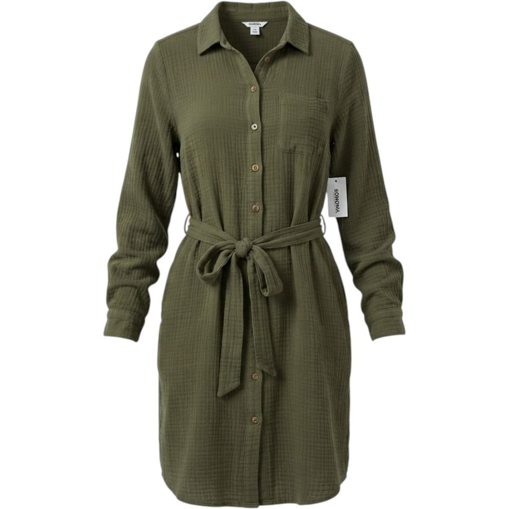 Sonoma Goods For Life Women Medium Olive Green Cotton Gauze Shirt Dress NEW